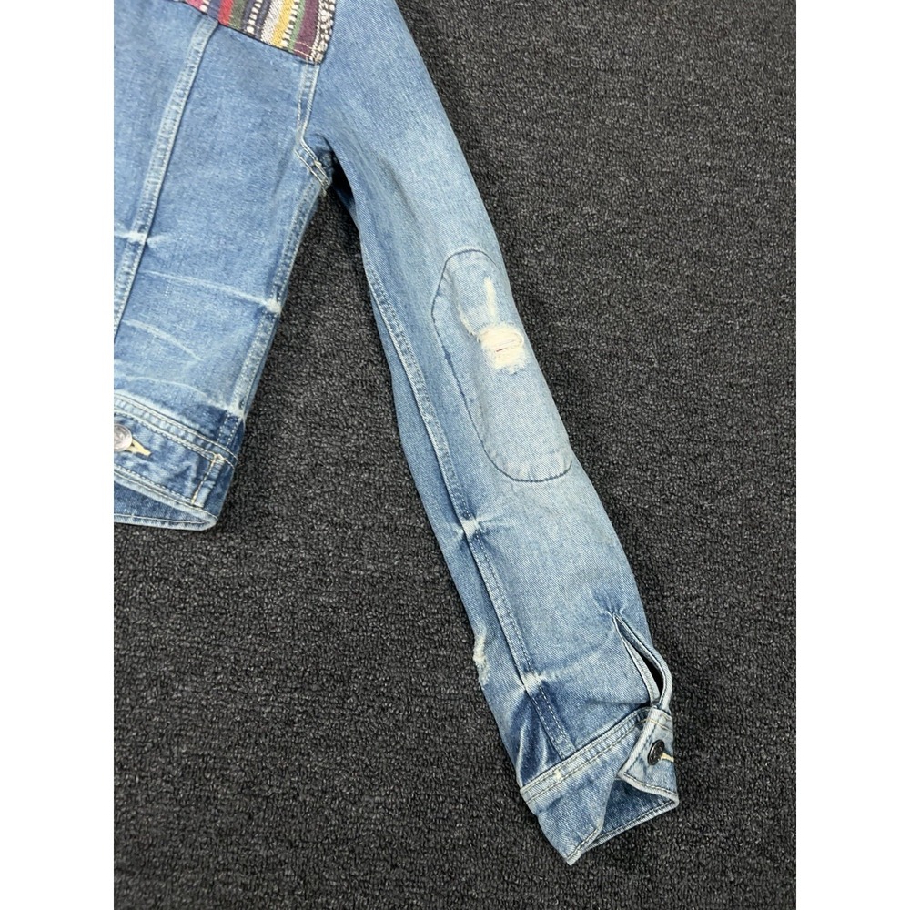 Free People Denim Trucker Jacket Women's 2 Boho Patchwork Aztec Distressed - Picture 7 of 9